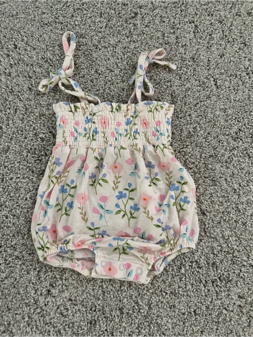 Angel Dear Floral Smocked Bubble Romper in Cream, Pink & Blue